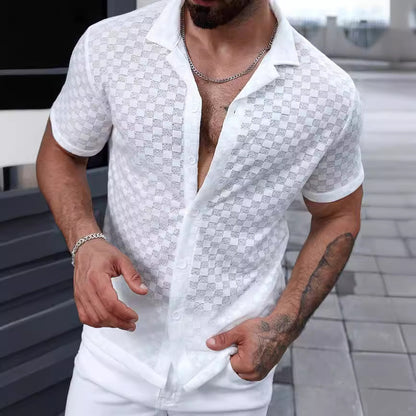 Men's Solid Color Lace Hollow Comfort Casual Shirt GlamzKart