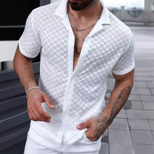 Men's Solid Color Lace Hollow Comfort Casual Shirt GlamzKart