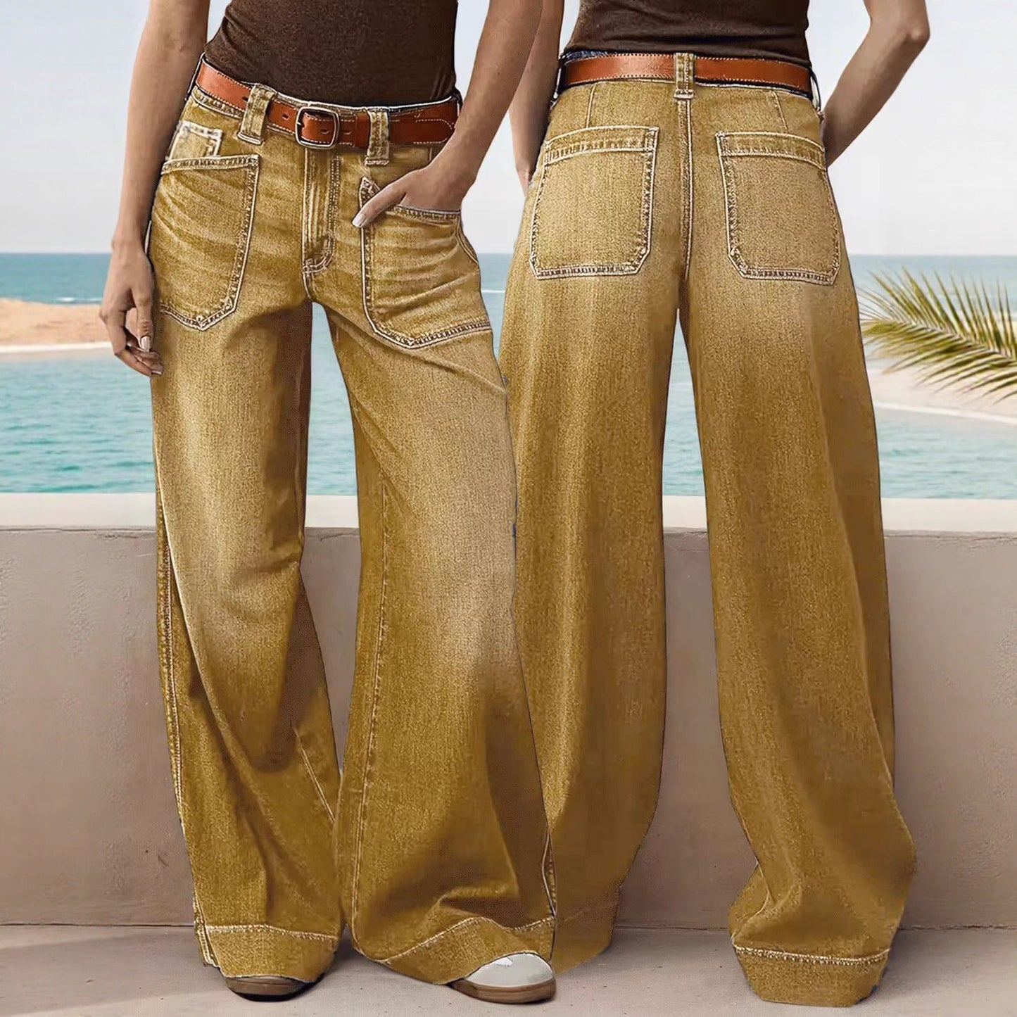 Loose Slimming Ladies Wide-leg Straight Pants Denim Ankle-length Pants GlamzKart
