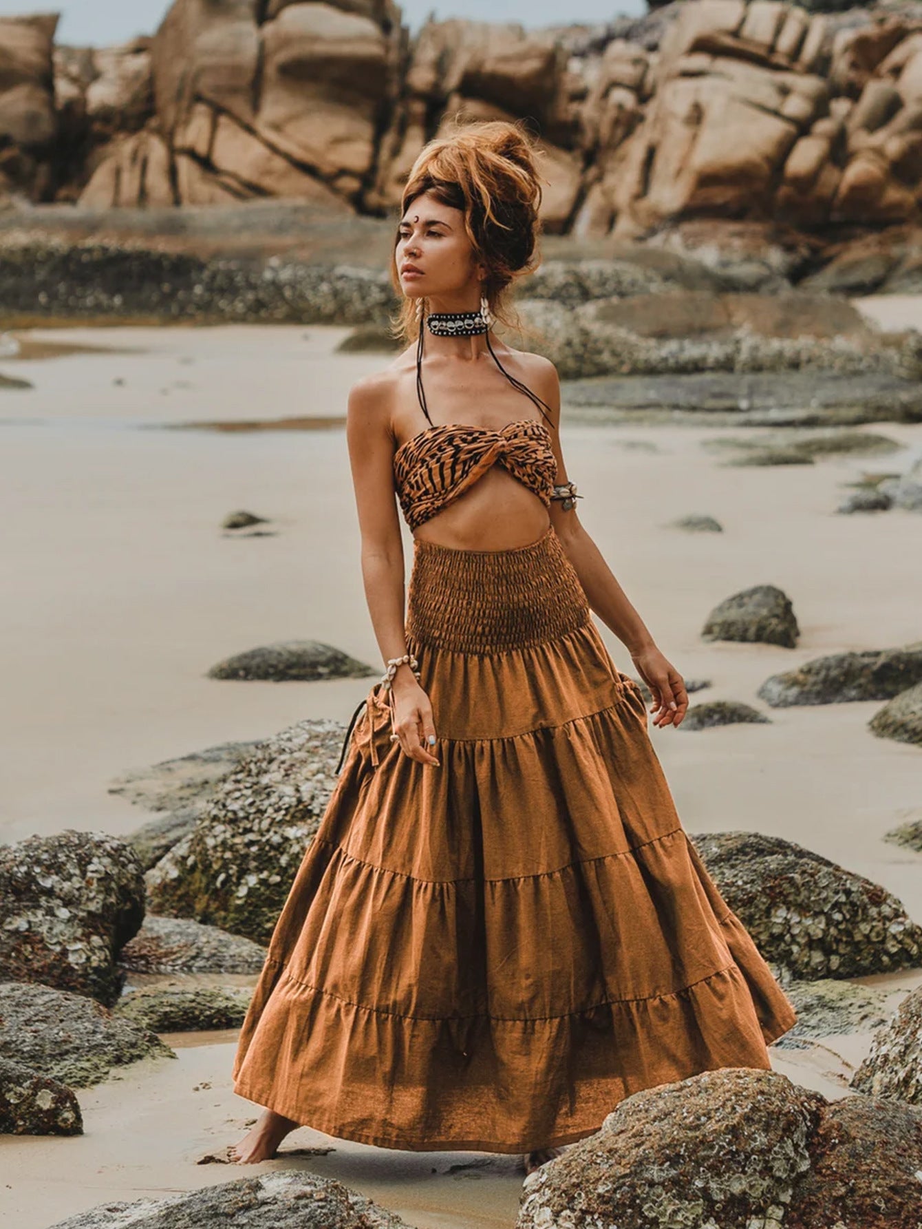 Casual Women Bohemian Loose Solid Skirt Orange GlamzKart