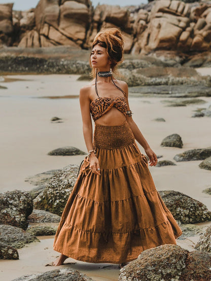 Casual Women Bohemian Loose Solid Skirt Orange GlamzKart