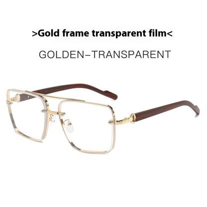Metal Double Beam Frame Wood Grain Leg Sunglasses Gold Frame Transparent Sheet GlamzKart