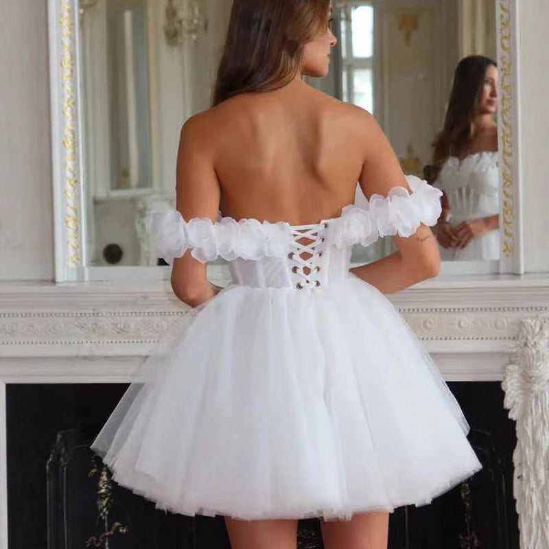Lace Off-shoulder Mini Wedding Dress GlamzKart