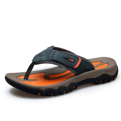 Large Dock Layer Cowhide Men's Flip-flops Gray And Blue GlamzKart