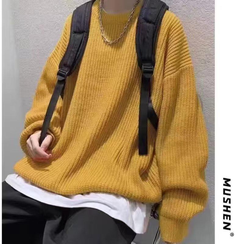 Loose Casual Retro Trendy Underwear Crew Neck Sweater Yellow GlamzKart
