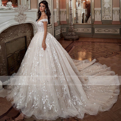 Off-shoulder French-style Bride Trailing Mori Style Simple Small Wedding Dress GlamzKart