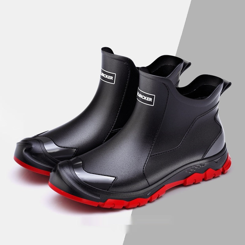 Fashion Non-slip Flat Short Rubber Boots Men 5388 Short Black And Red GlamzKart
