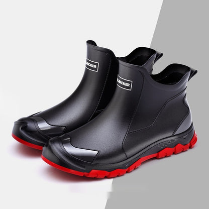 Fashion Non-slip Flat Short Rubber Boots Men 5388 Short Black And Red GlamzKart