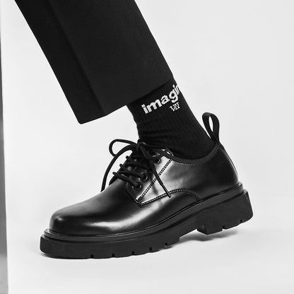 Men's British-style Thick-soled Korean-style Black Leather Shoes GlamzKart