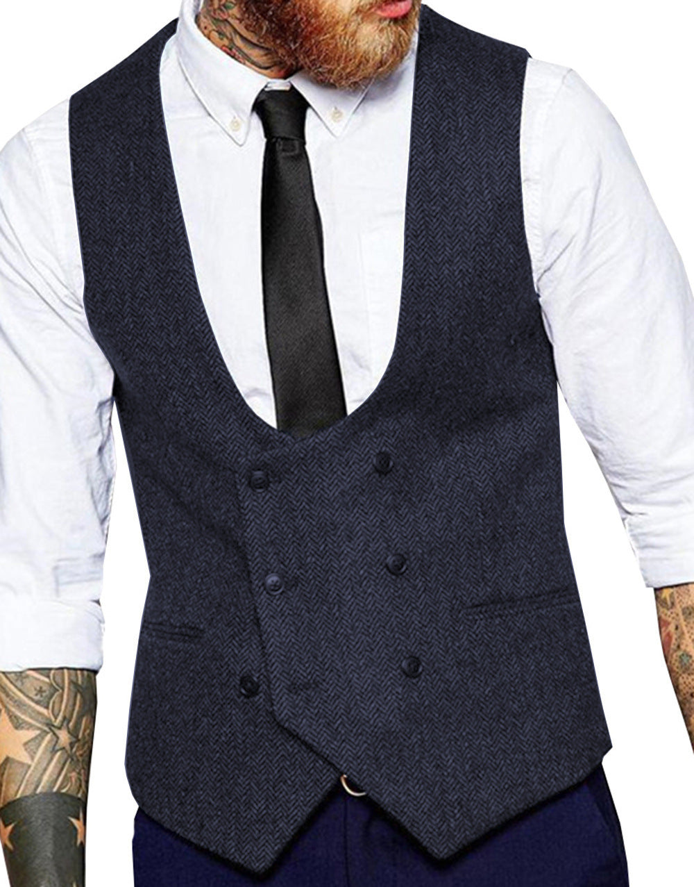 Retro Casual Herringbone Pattern Men's Suit Vest Groom Groomsman Slim Fit Vest Dark Blue GlamzKart
