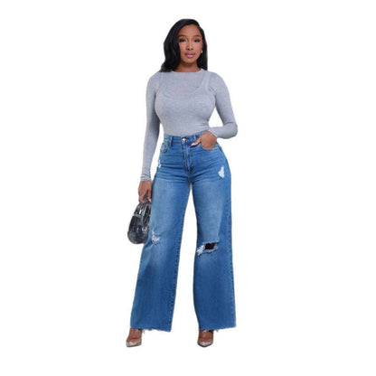 Women's Ripped High Waist Loose Straight Wide Leg Jeans GlamzKart