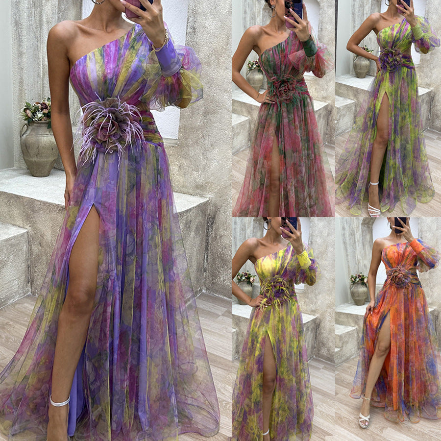 New Party Mesh Slanted Shoulder Dress INS Casual And Fashionable Women's Long Skirt GlamzKart