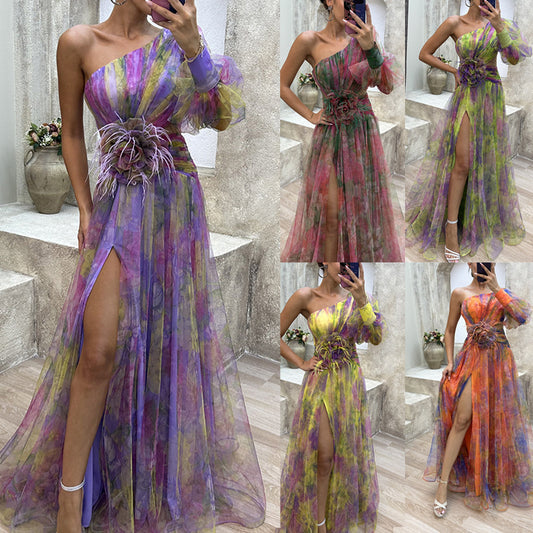 New Party Mesh Slanted Shoulder Dress INS Casual And Fashionable Women's Long Skirt GlamzKart