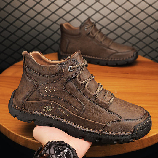 Fleece-lined Warm Mid-top Cotton-padded Shoes Soft Bottom Stitching Non-slip Men's Outdoor Leisure Shoes GlamzKart