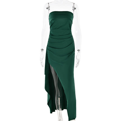 Evening Gown Women's One Neck Strapless Dress Fashionable And Sexy Backless High Slit Long Dress Green GlamzKart