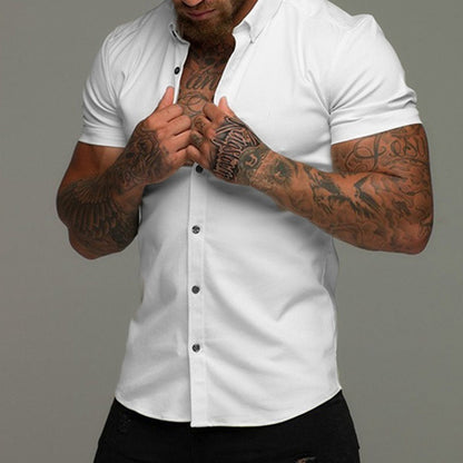 Short Sleeve Lapel Shirt Elastic Thin Solid Color White GlamzKart