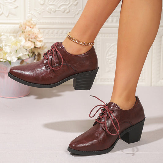 Pointed British Style High Heel Chunky Heel Front Lace-up Low-top Leather Shoes GlamzKart