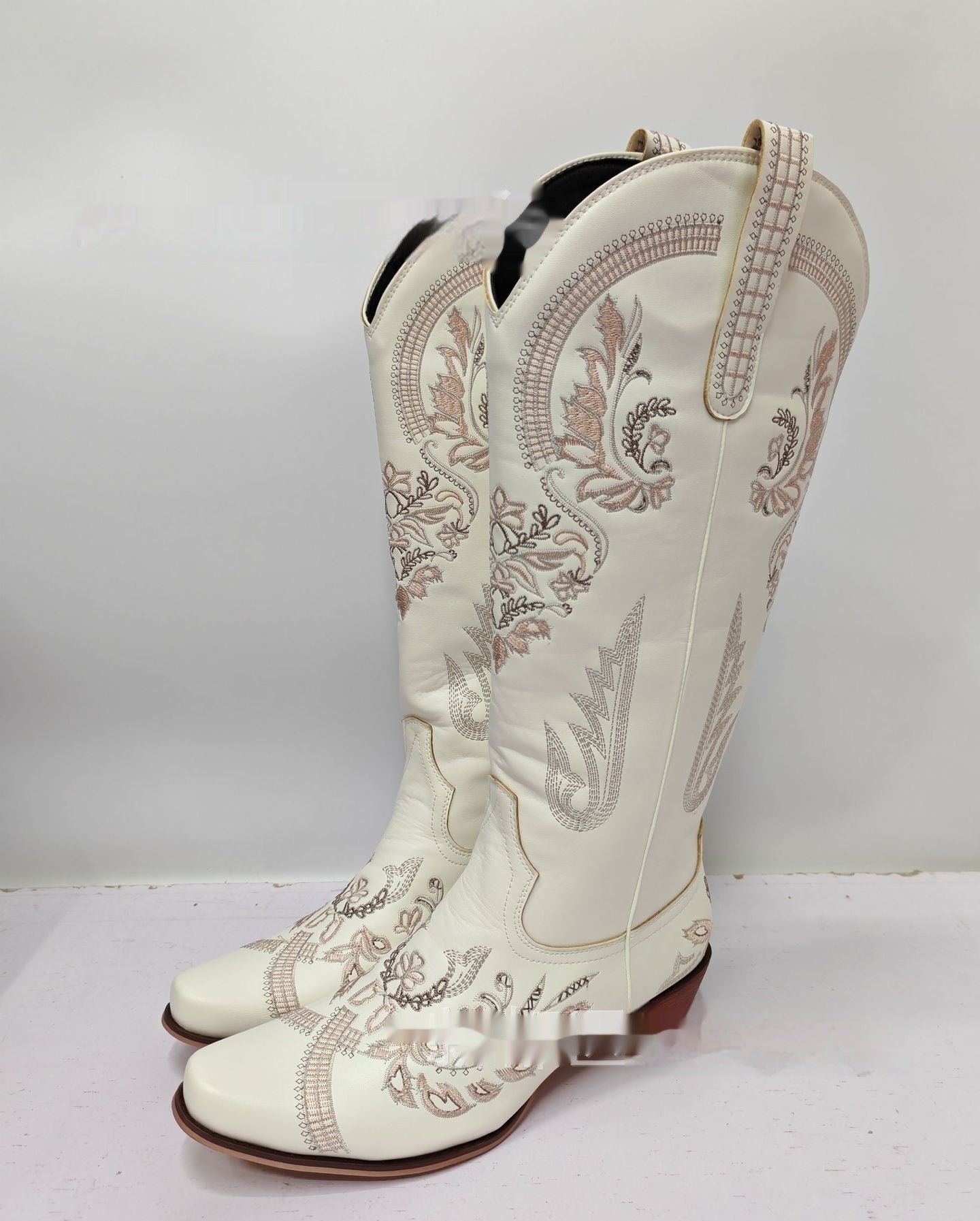 Embroidered Rhinestone Thick High Heel Side Zipper High-top Boots White Without Diamond GlamzKart