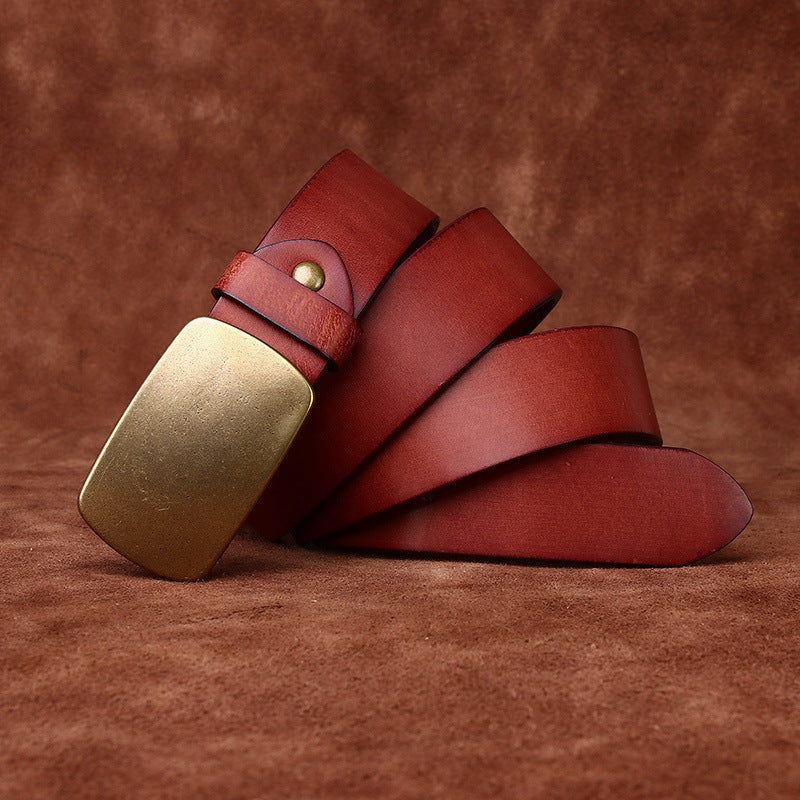 Wide Top Layer Smooth Buckle Retro Frosted Belt Reddish Brown GlamzKart