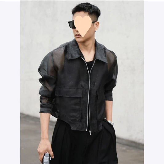 Lapel Mesh Hooded Long-sleeved Jacket GlamzKart