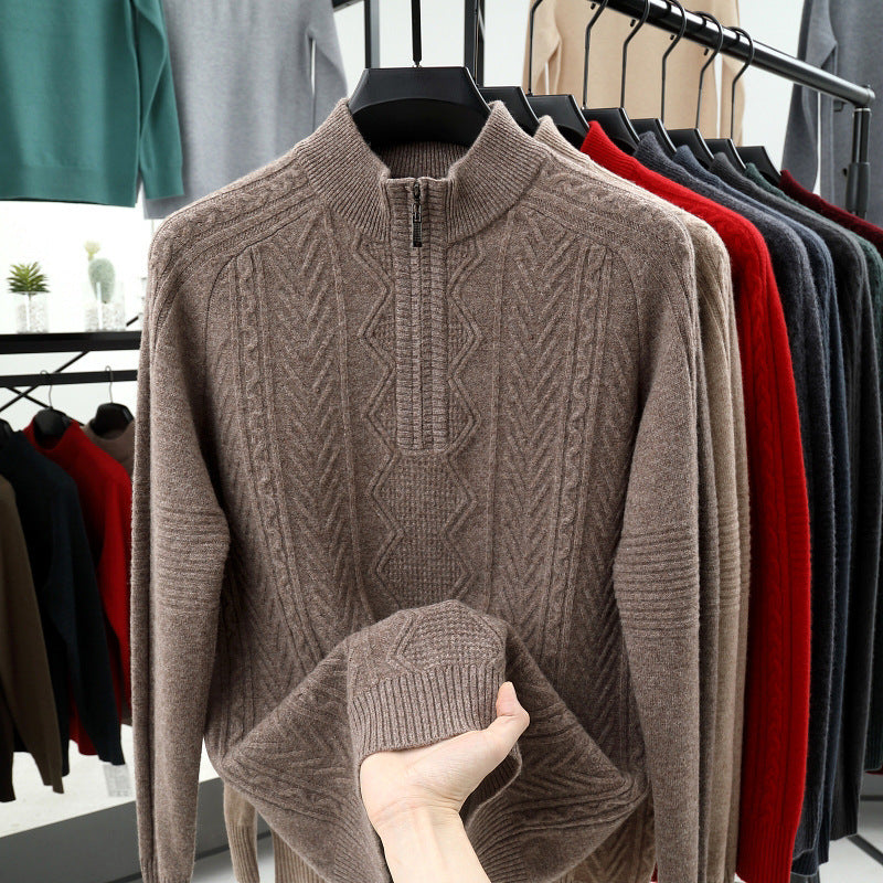 All Wool Men's Sweater Half Turtleneck Zipper Sweater Flower Brown Coffee GlamzKart