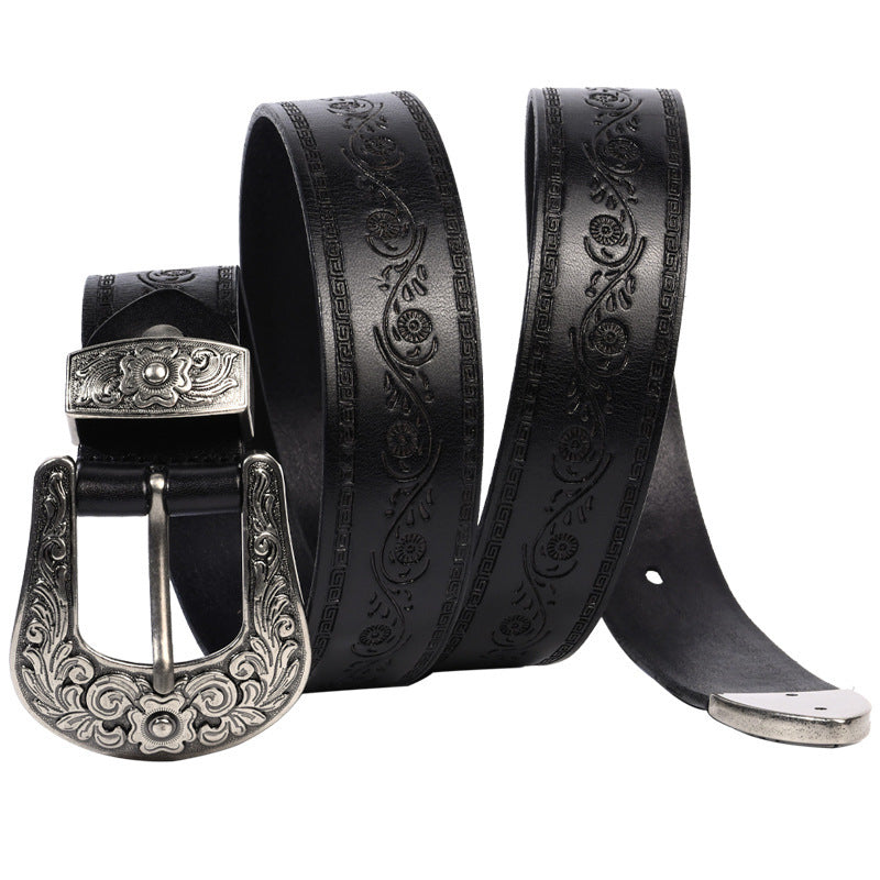 Embossed First Layer Cowhide Men's Mongolian Style Personalized Carved Belt Lucky Flower Black GlamzKart