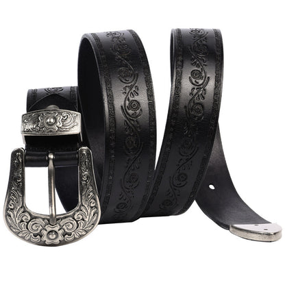 Embossed First Layer Cowhide Men's Mongolian Style Personalized Carved Belt Lucky Flower Black GlamzKart