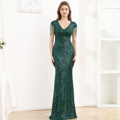 Sequined Slim Fit Slimming Long Dress Women Dark Green GlamzKart