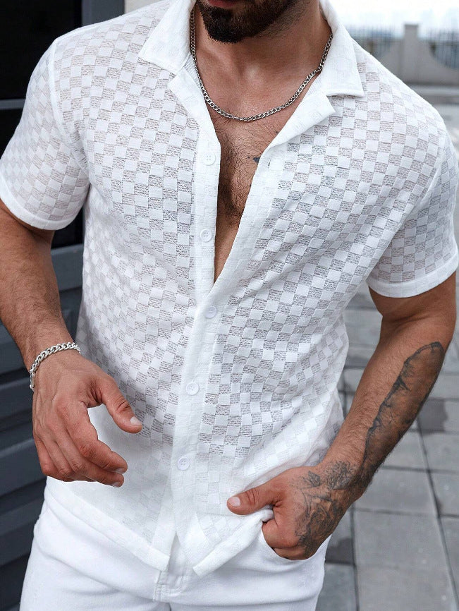 Men's Solid Color Lace Hollow Comfort Casual Shirt White GlamzKart