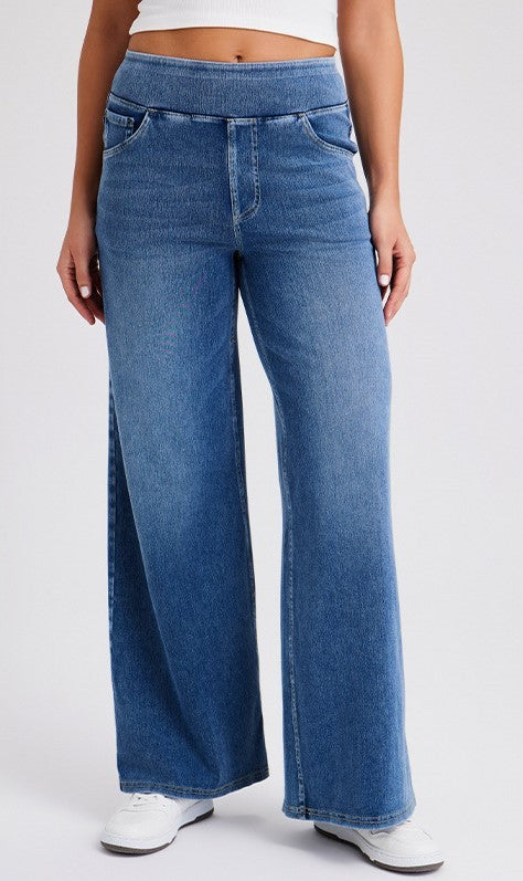 New Plus Size Women's High Waist Flared Jeans With Multiple Pockets, Straight Loose Fit, Distressed Casual Denim Pants Mid Blue GlamzKart