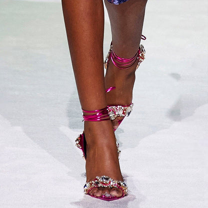 European And American Super High Heel Pointed Toe Rhinestone Fashion Banquet Catwalk Rose Red GlamzKart