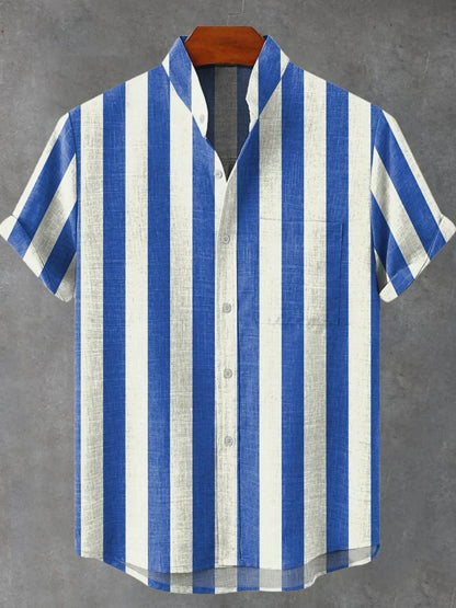 Men's Stand Collar Contrast Color Striped Casual Cool Versatile Short Sleeve ZM80407007 GlamzKart