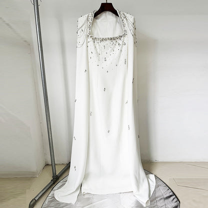 Beaded Lanyard Shawl Sleeve And Floor Long Dress White GlamzKart