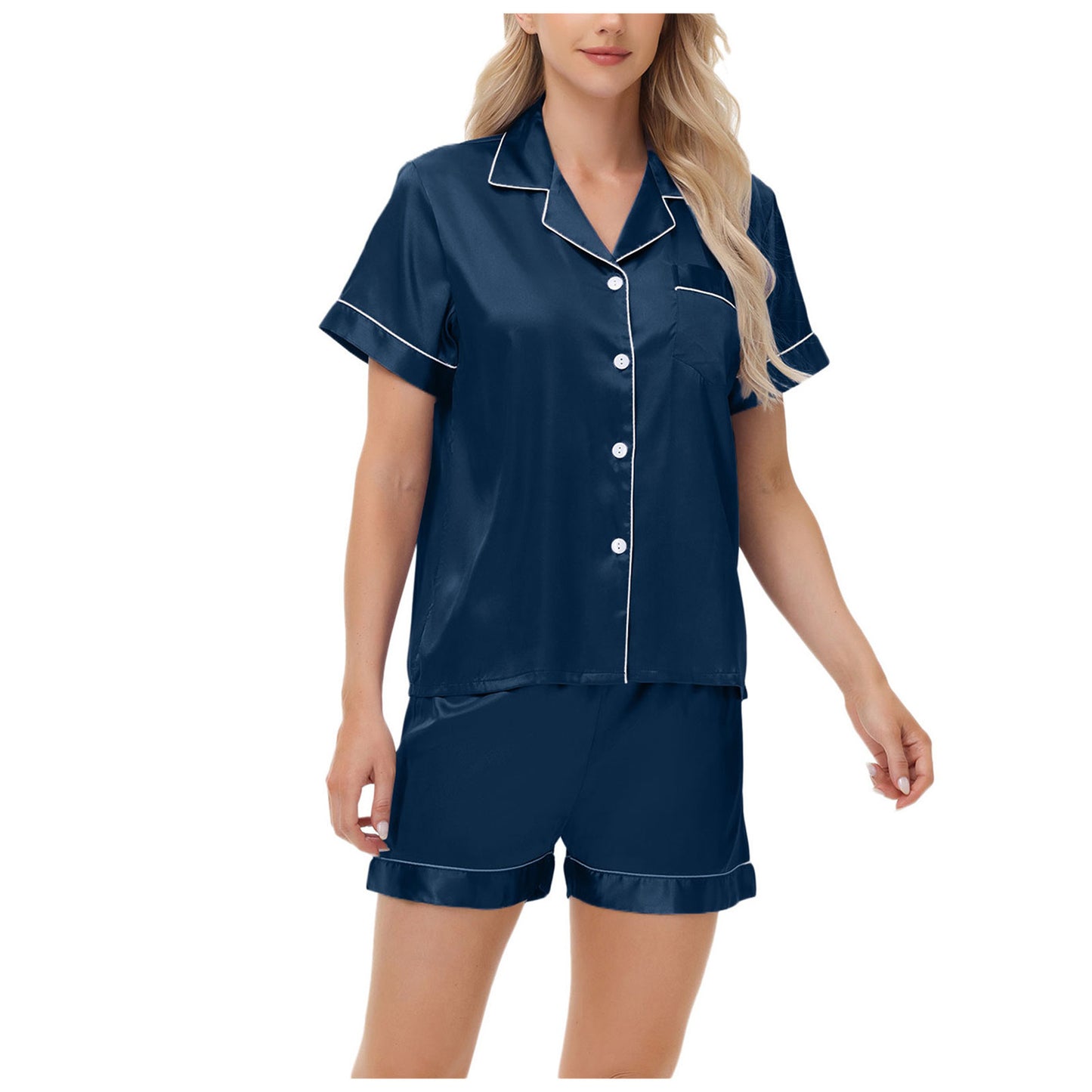 Ice Silk Women's Short Sleeve Satin Plus Size Pajamas Navy Blue GlamzKart