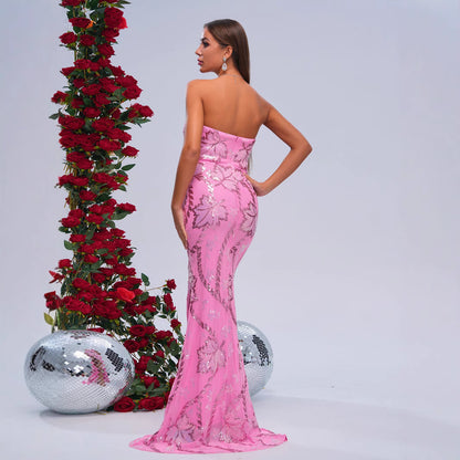 Wrapped Chest Off-neck Sheath Sequined Banquet Fishtail Evening Dress GlamzKart