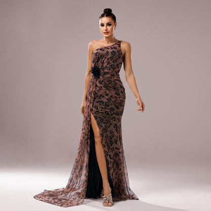 One-shoulder Diagonal Collar Leopard Sequined Evening Dress GlamzKart