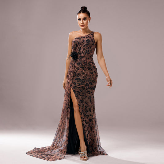 One-shoulder Diagonal Collar Leopard Sequined Evening Dress GlamzKart