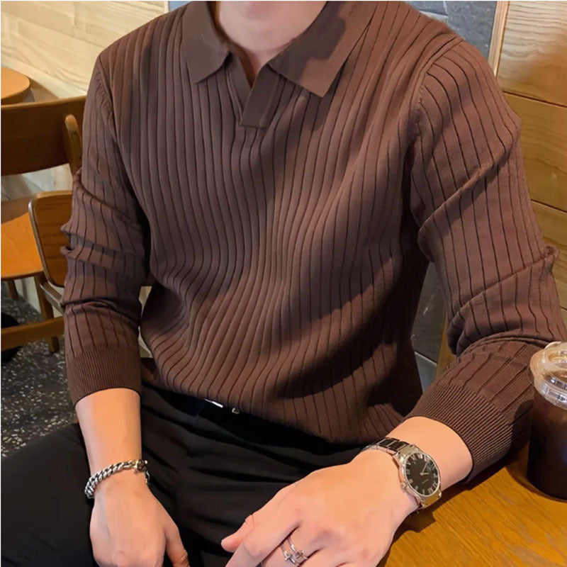 New Men's Lapel Knitted Long-sleeved T-shirt Dark Brown GlamzKart