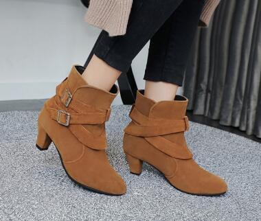 Winter Autumn Leather Casual Women High Heels Pumps Warm Ankle Boots Yellow brown GlamzKart