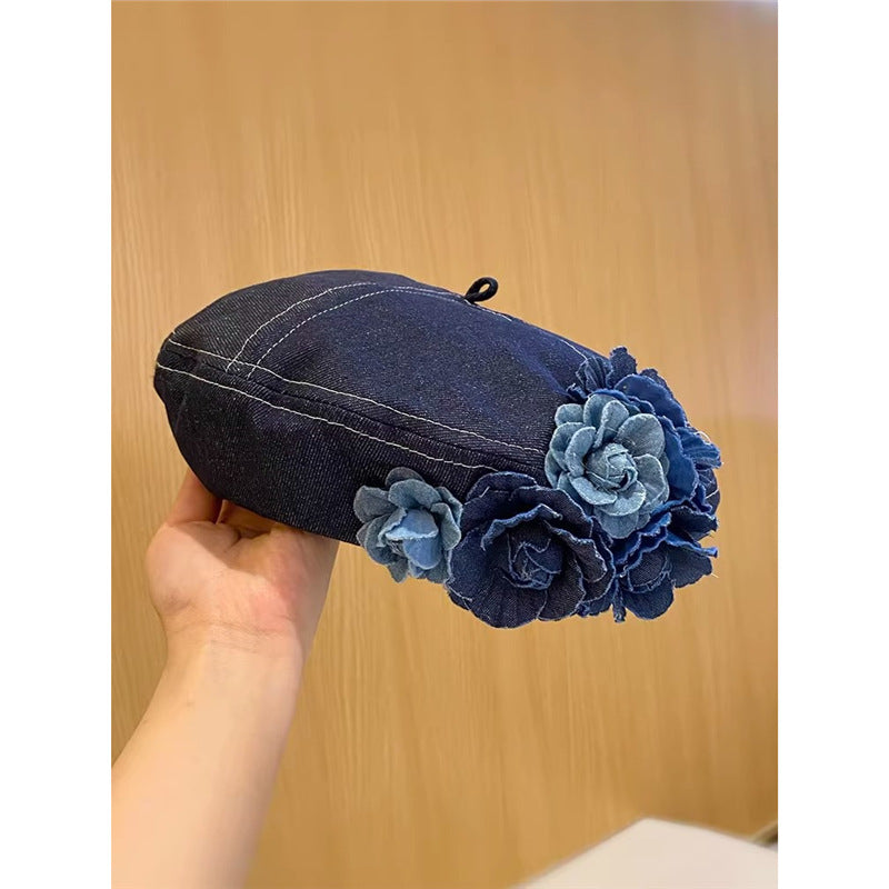 Japanese Minority Contrast Color Three-dimensional Flowers Denim Beret GlamzKart