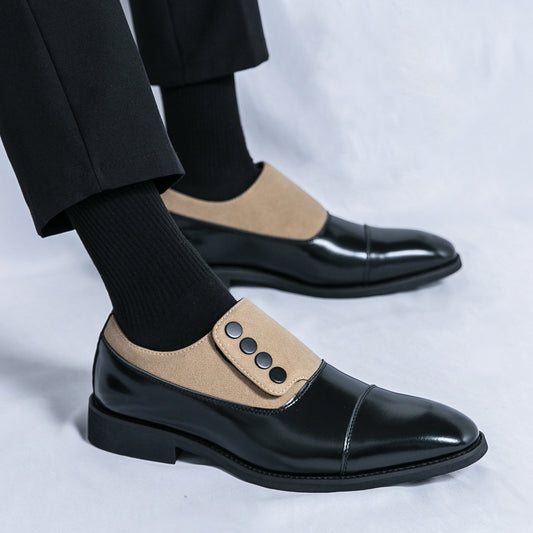 Low Top Pointed Round Toe Button Leather Shoes Men Slip-on GlamzKart