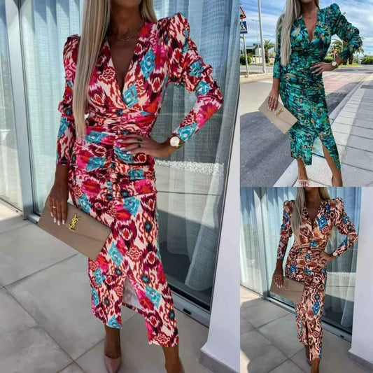 Puff Sleeve Long Sleeve Split V-neck High Waist Slimming