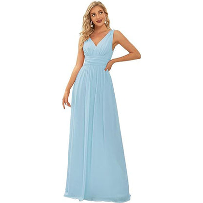 Women's Elegant Graceful Deep V-neck Sleeveless Chiffon Formal Maxi Evening Dress Ice blue GlamzKart