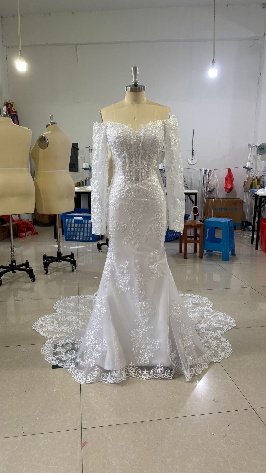 Off-shoulder Lace Long Sleeve Fishtail Gown Ivory GlamzKart