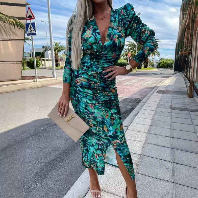 Puff Sleeve Long Sleeve Split V-neck High Waist Slimming