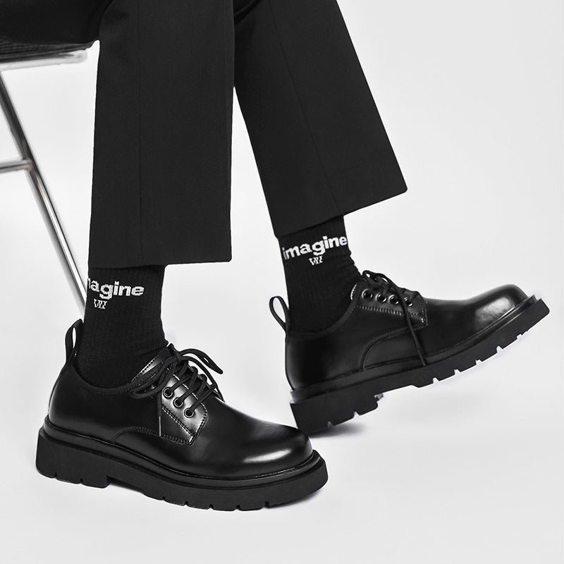 Men's British-style Thick-soled Korean-style Black Leather Shoes GlamzKart