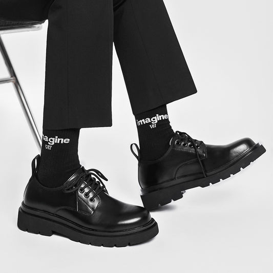 Men's British-style Thick-soled Korean-style Black Leather Shoes GlamzKart