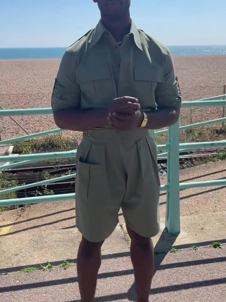 Army Green Long Sleeve Pocket Shirt & High Waist Shorts Set GlamzKart