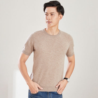 Men's Autumn And Winter Full Wool Short Sleeve Round Neck Sweater Camel GlamzKart