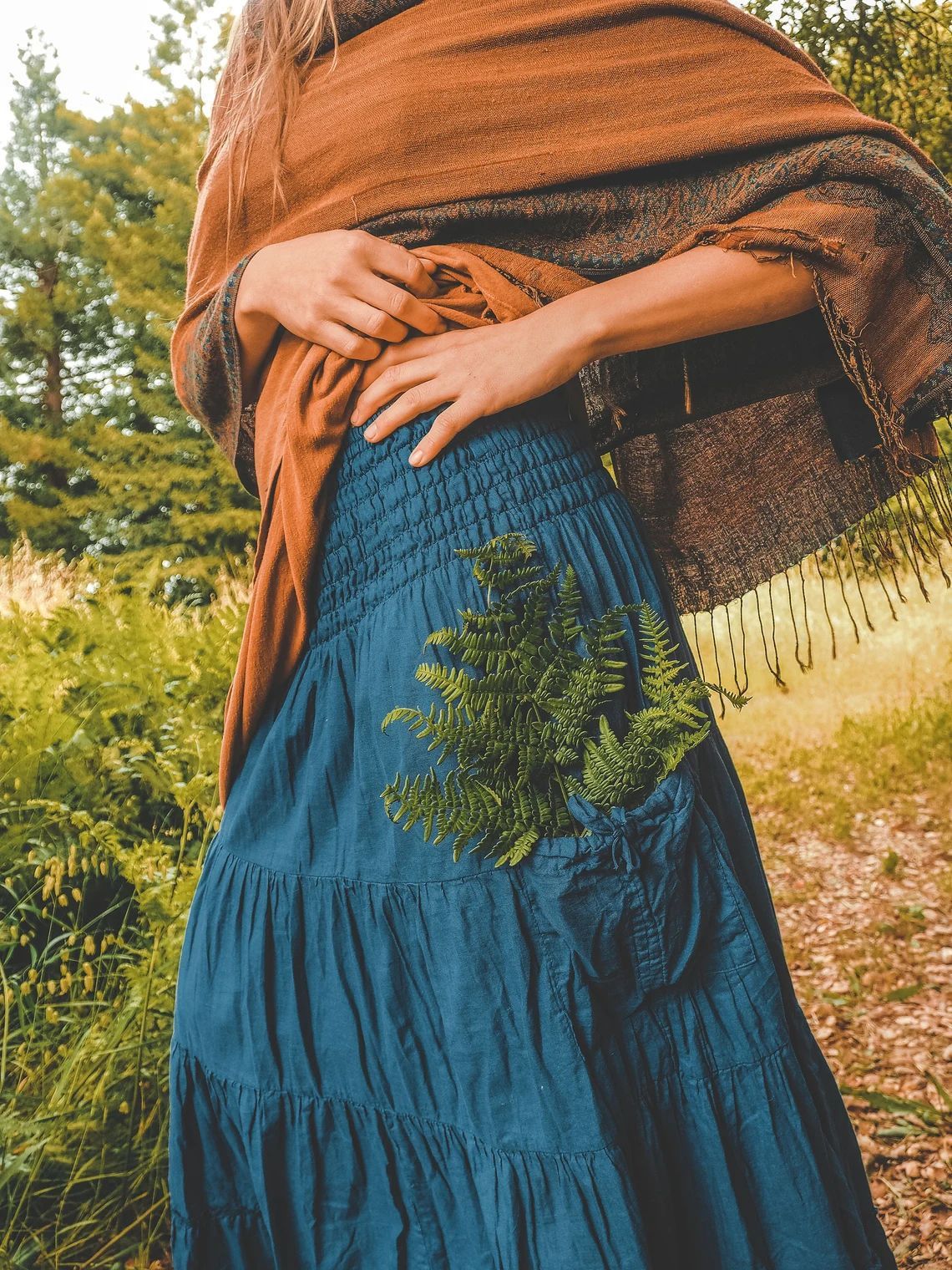 Casual Women Bohemian Loose Solid Skirt Peacock Blue GlamzKart